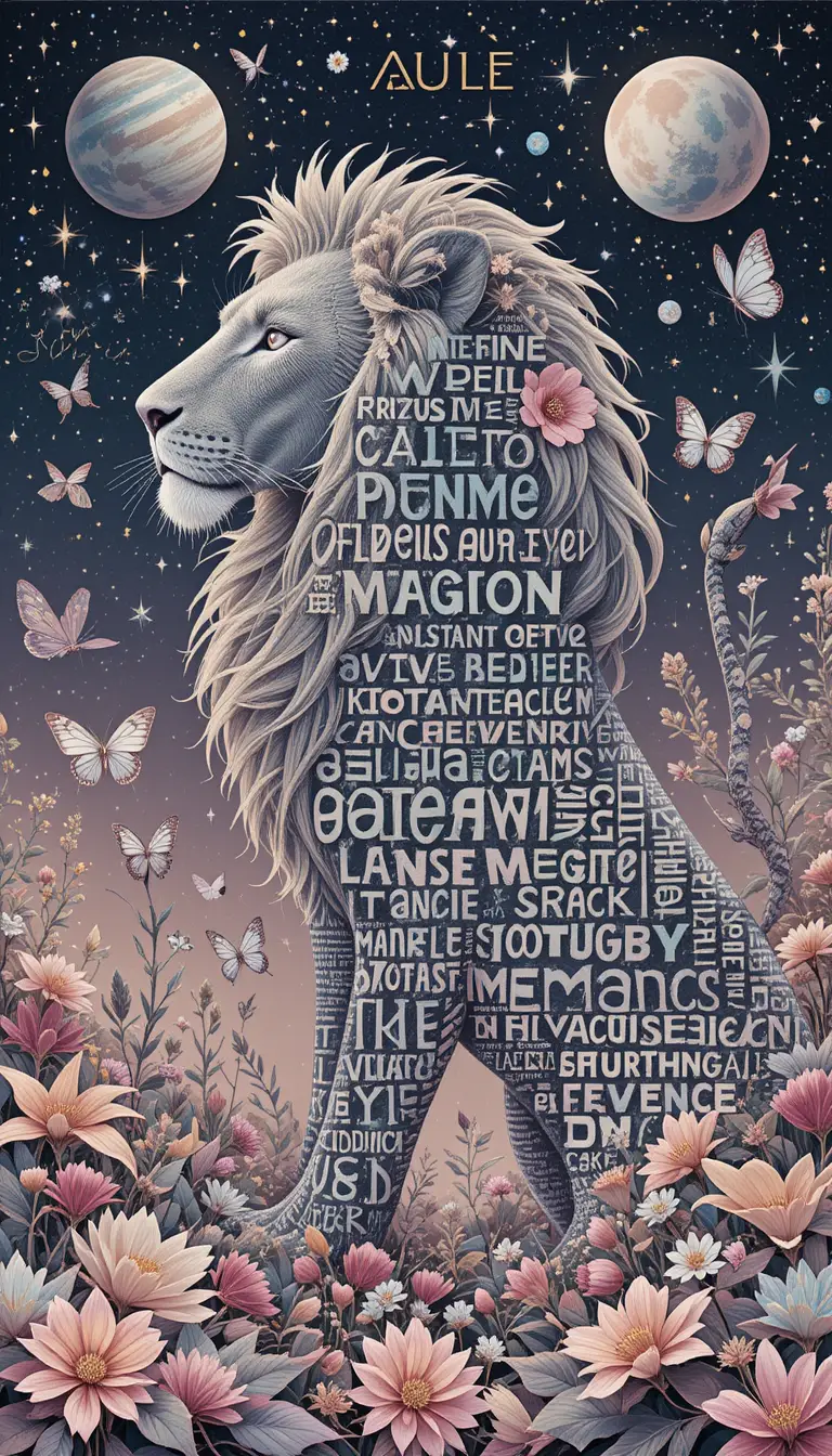 Lion silhouette filled with words in a cosmic pastel scene