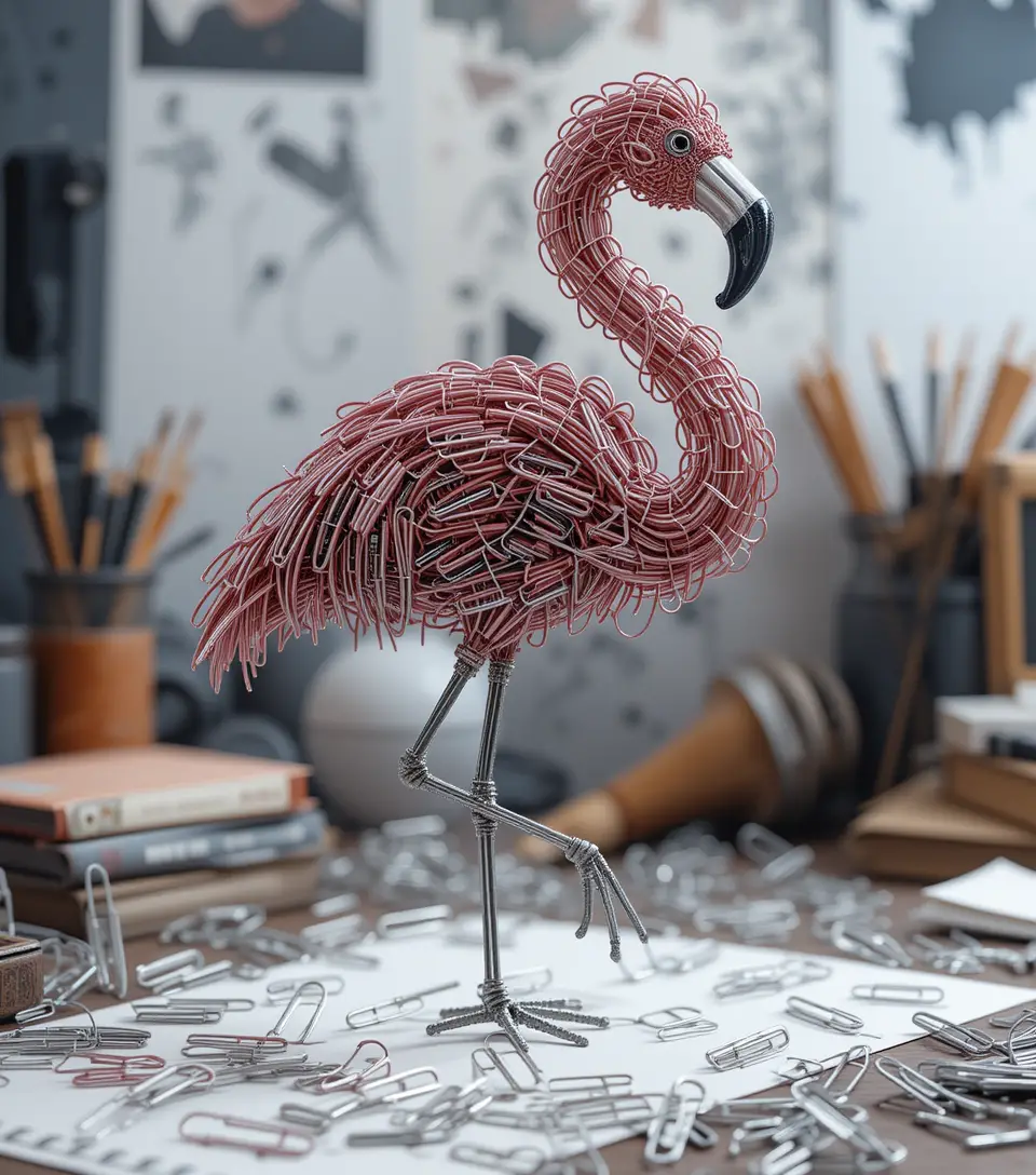 Extremes Nahaufnahmefoto einer Flamingo-Skulptur aus Stahlbüroklammern
