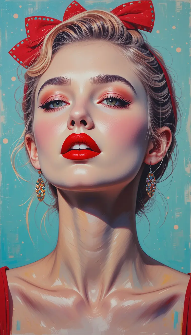 Glamorous woman with red bow and bold red lipstick
