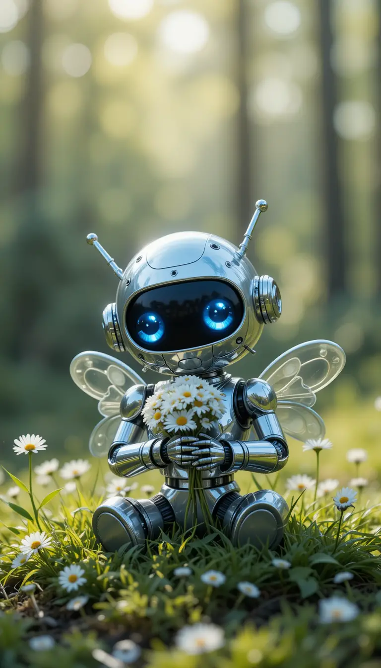 Cute silver robot holding daisies in a sunny forest