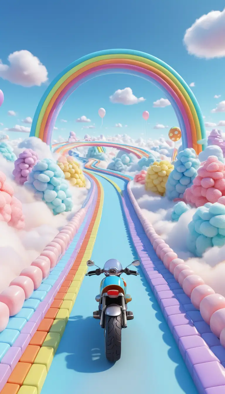 First person ride on a candy racetrack above clouds