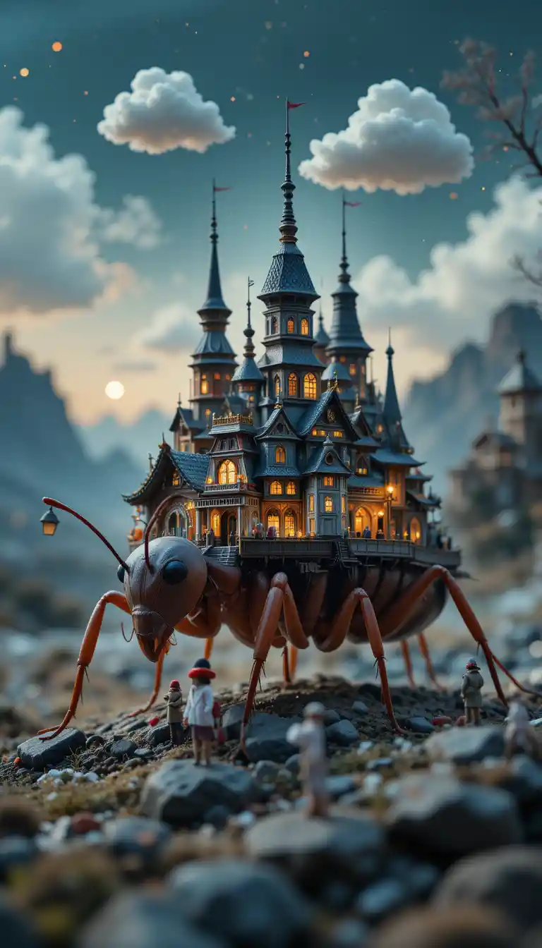 Cidade Futurista em Miniatura nas Costas de uma Formiga