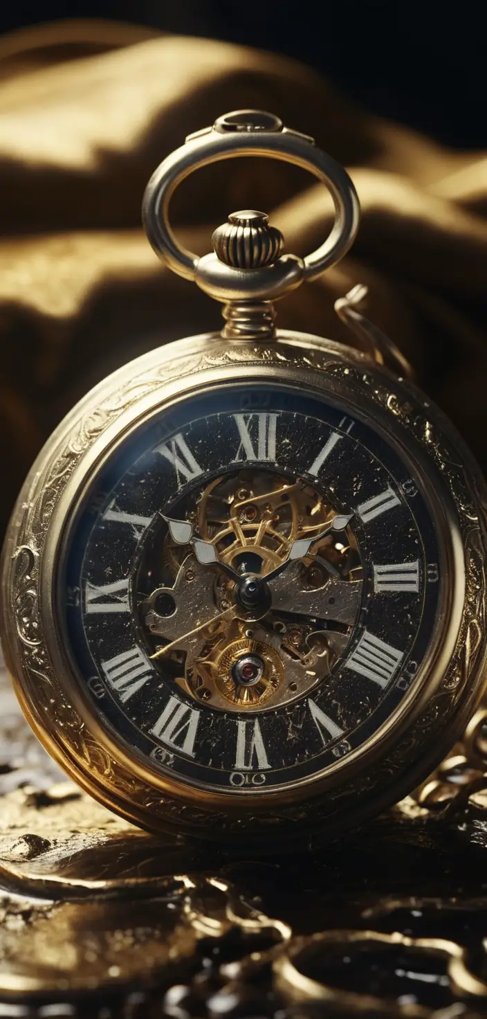 Surrealer Nahaufnahme einer antiken Taschenuhr mit flüssiger Zeit