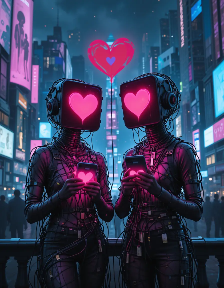 Robotic figures with glowing heart screens in digital city