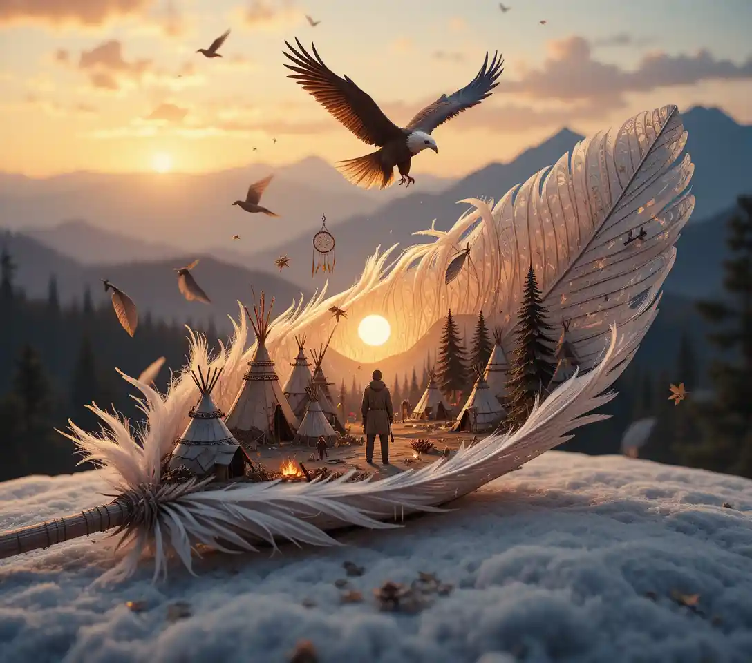 Fantasy feather world with native village and eagle