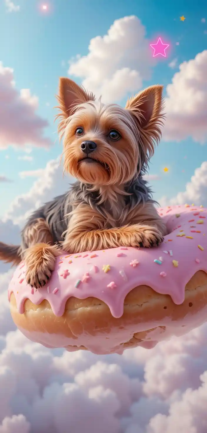 Yorkie Resting On Floating Donut In Dreamy Sky