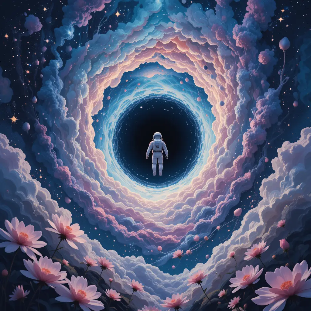 Astronaut Floating Above Black Hole In Surreal Space