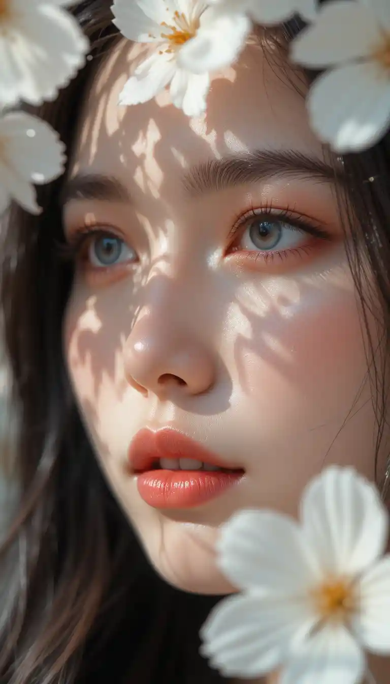 Woman close up with soft light and falling petals