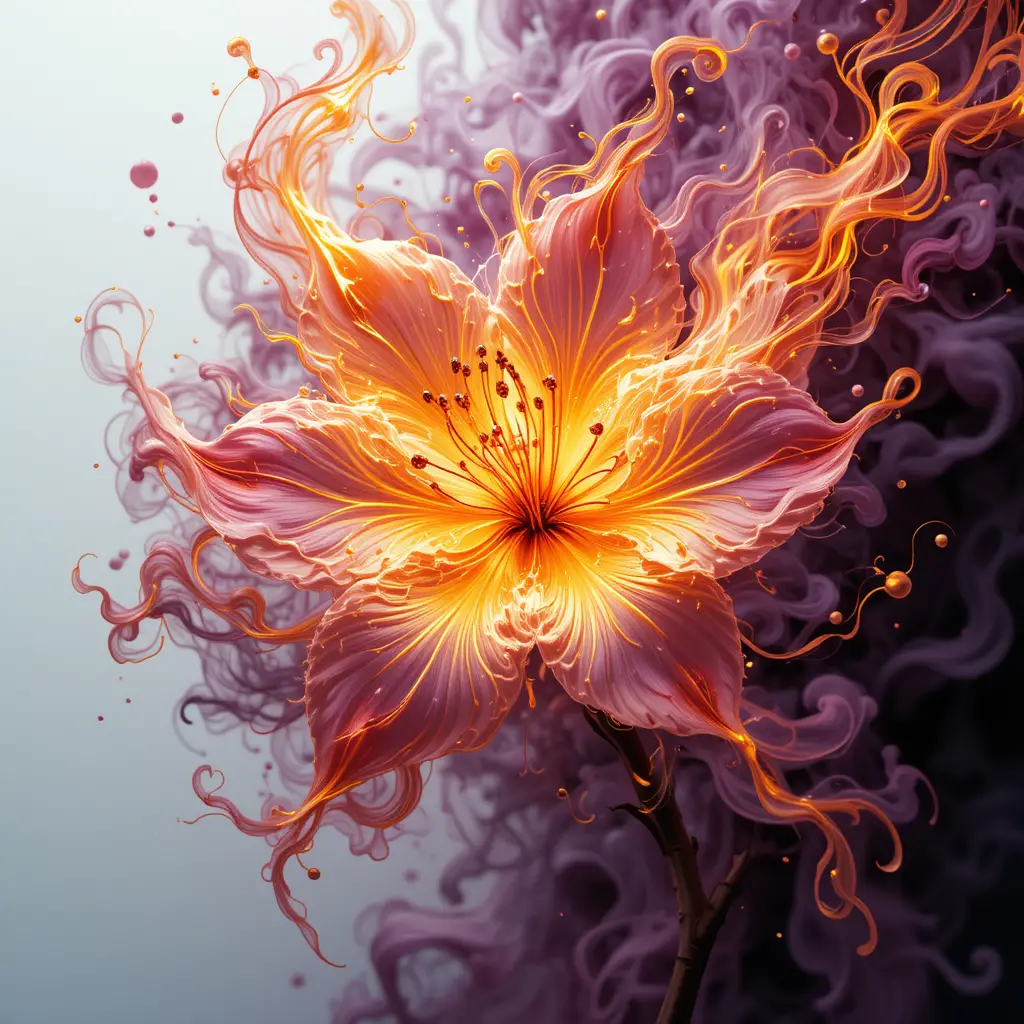 Golden cherry blossom painting with abstract fire background
