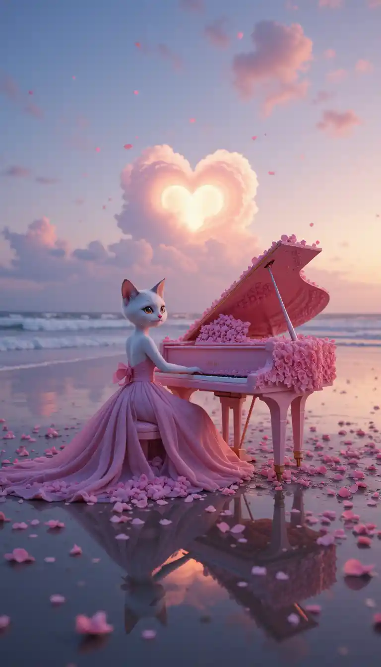 Cat Playing Pink Piano On Romantic Sunset Beach