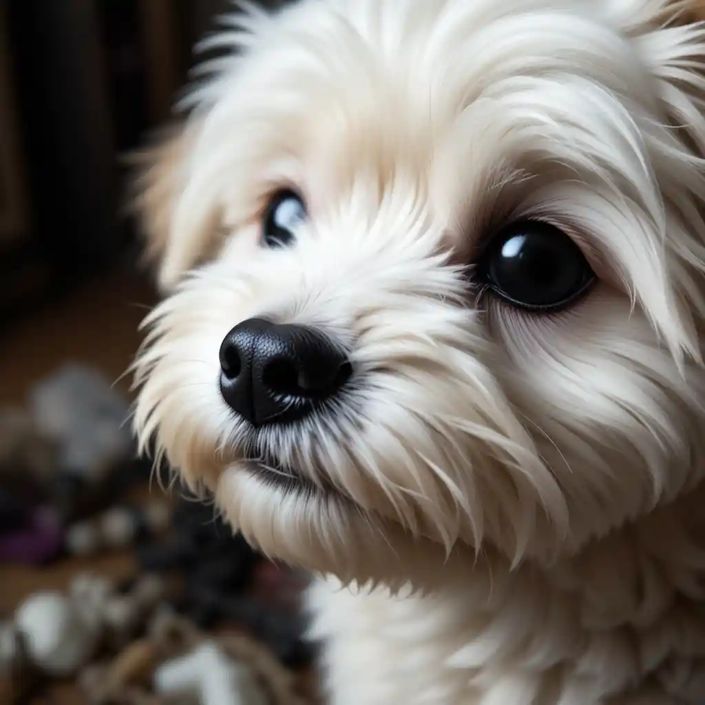 Close up portrait of a fluffy white dog with shiny eyes