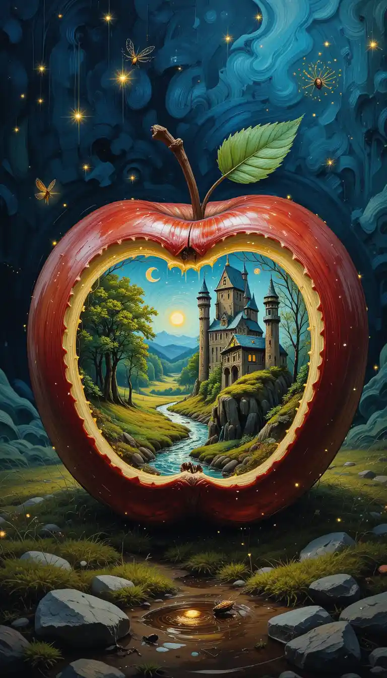 Surreal close up apple revealing a tiny fantasy world