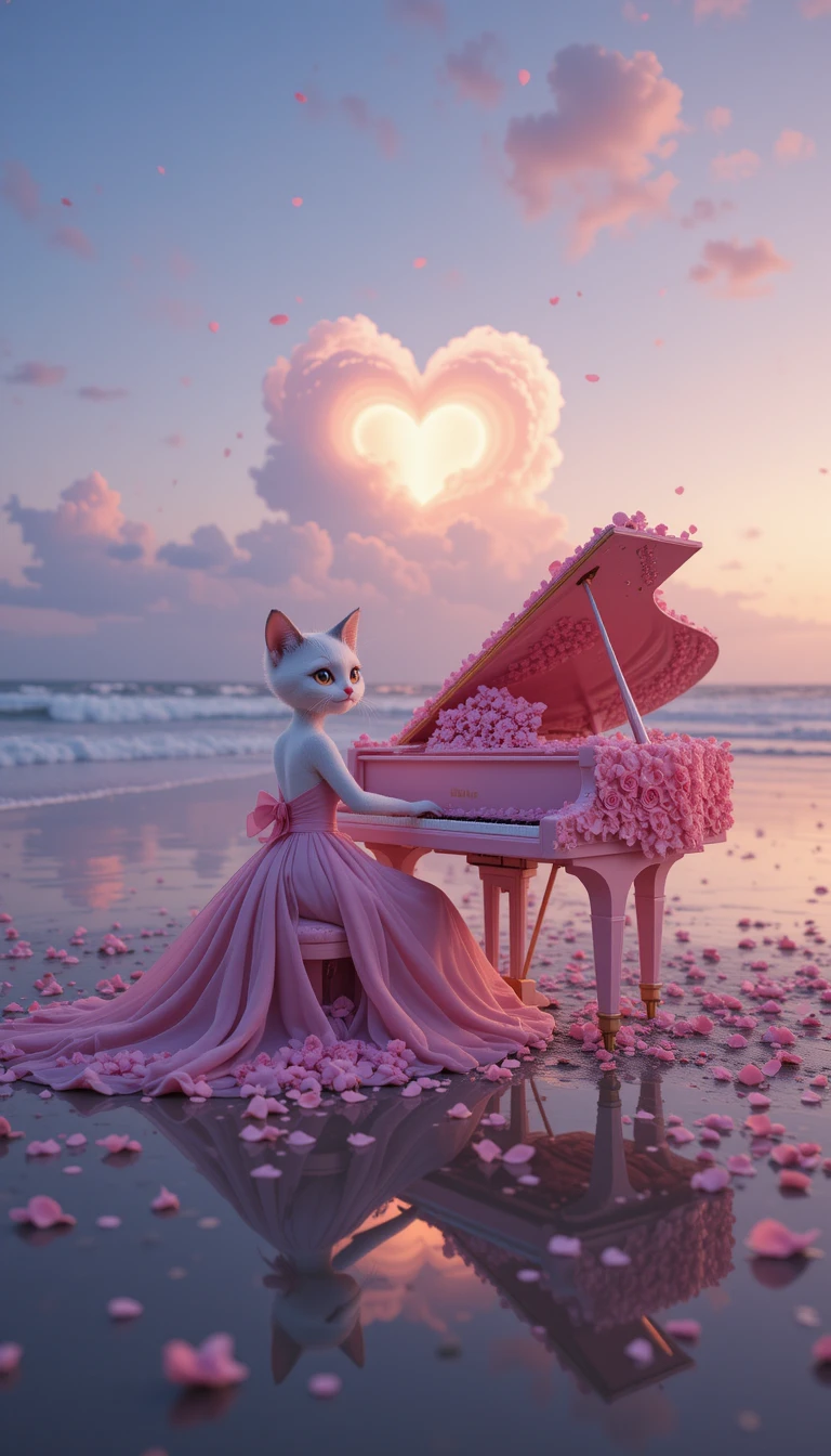 Gato tocando un piano rosa en una playa romántica al atardecer