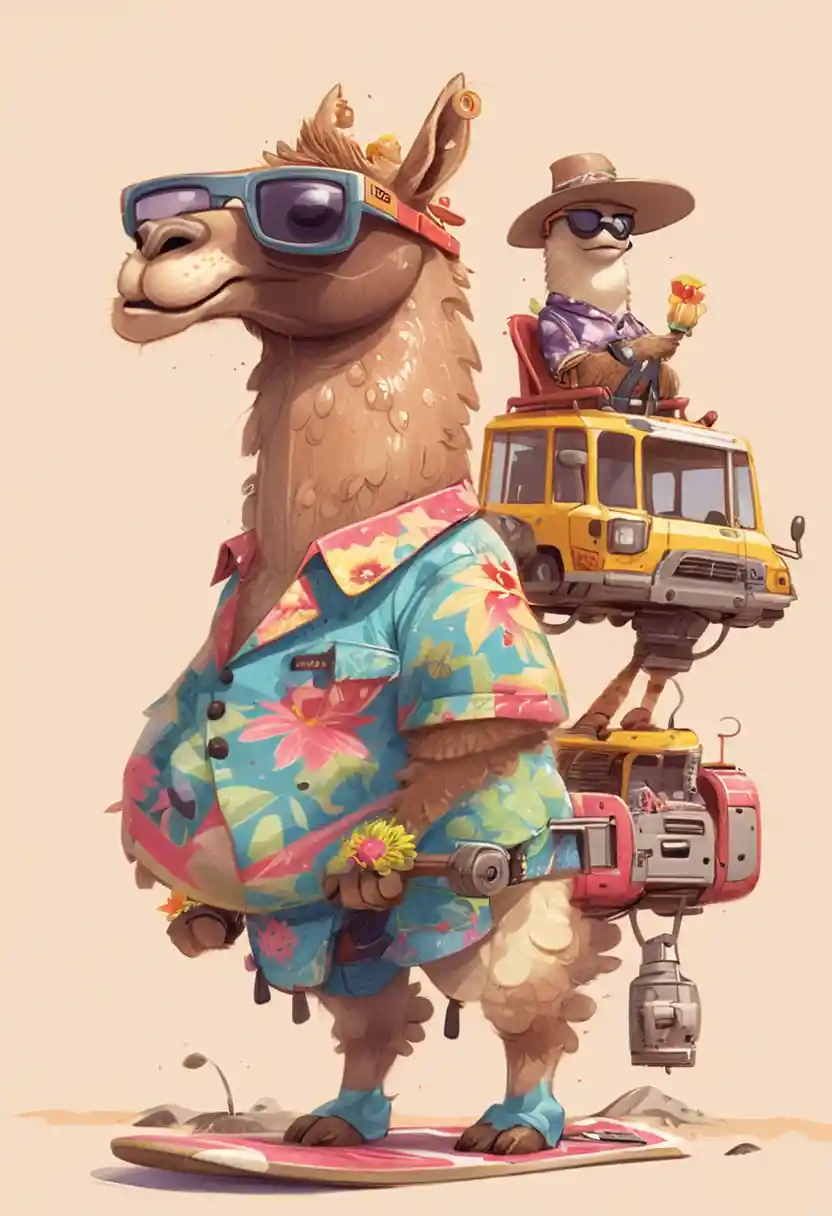 Lama de dessin animé cool faisant du surf sur une plage tropicale