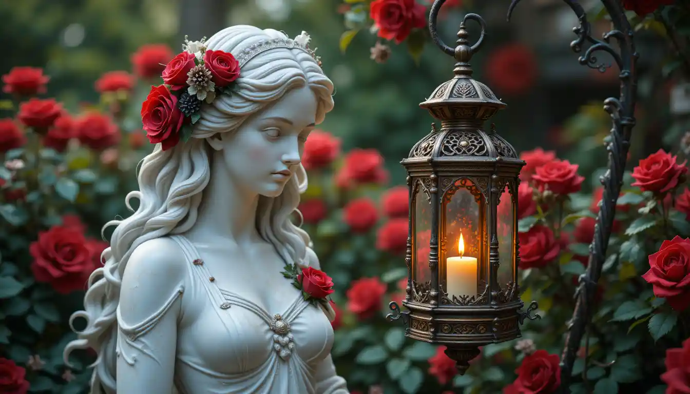 Estatua de mármol de mujer serena en un exuberante jardín de flores