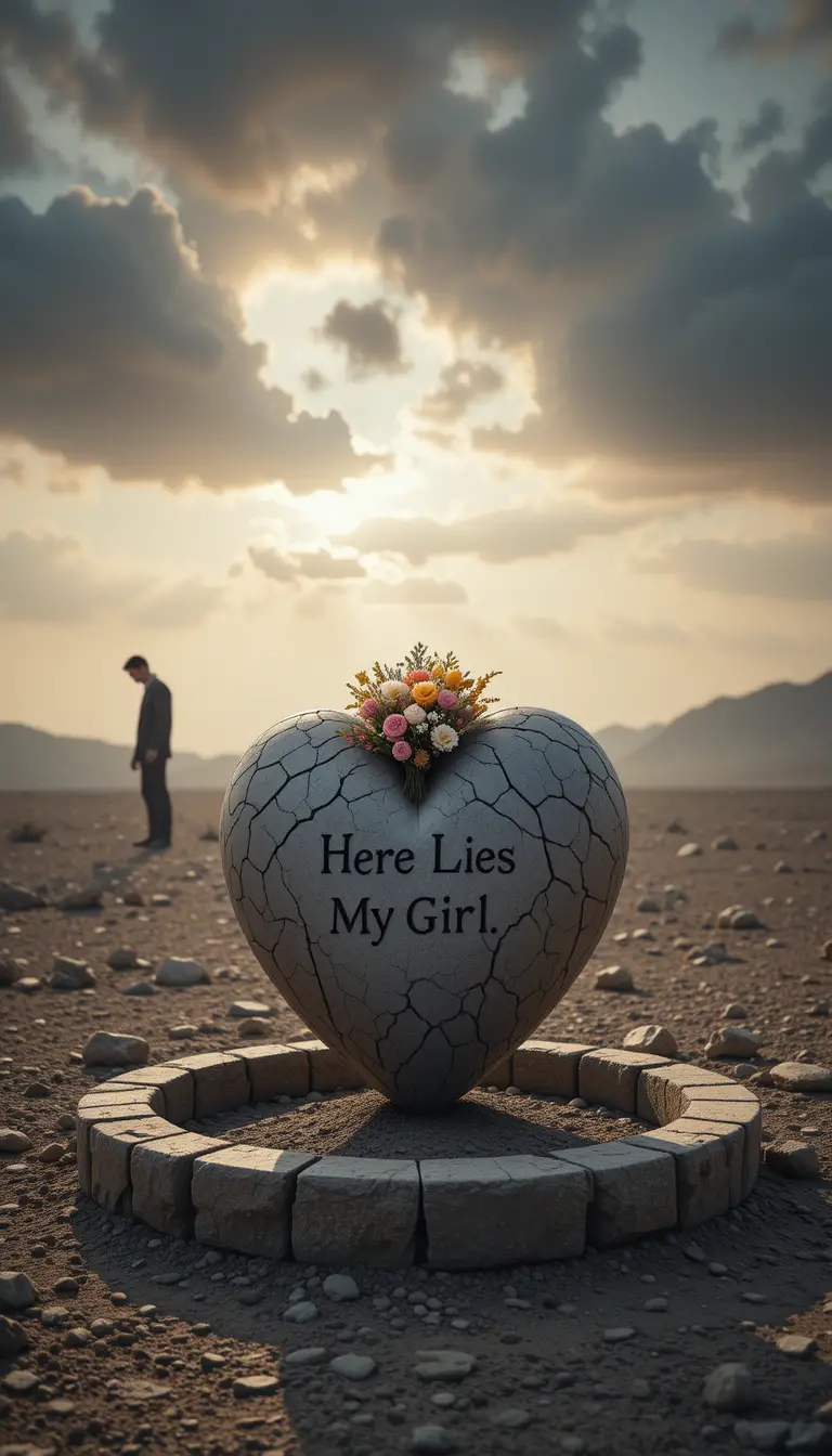 Stone heart grave with flowers in a desolate landscape