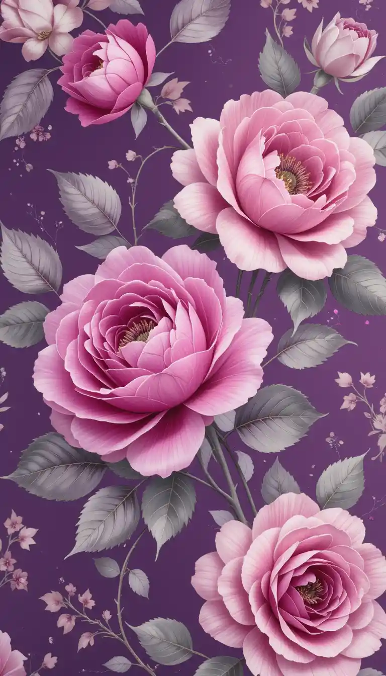 Floral rose pattern on purple chiffon textile background