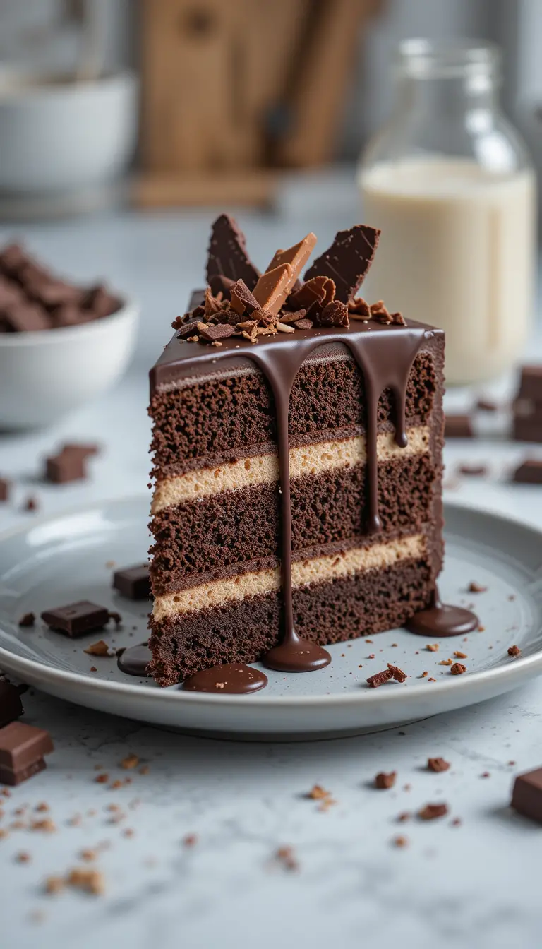 Slice of layered chocolate cake on gray plate