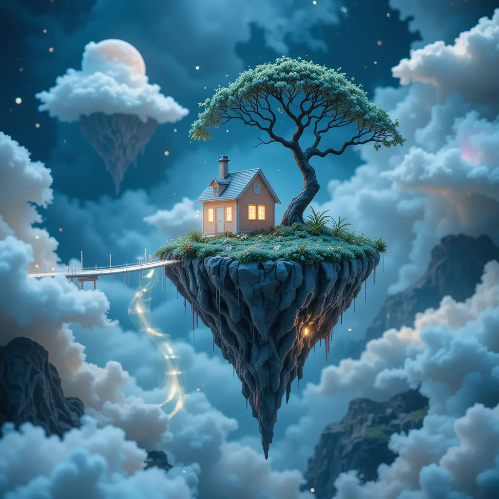 Surreal miniature islands in a glowing midnight dreamscape