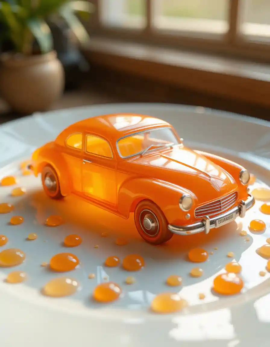 Surreal jelly car dessert on a white porcelain plate