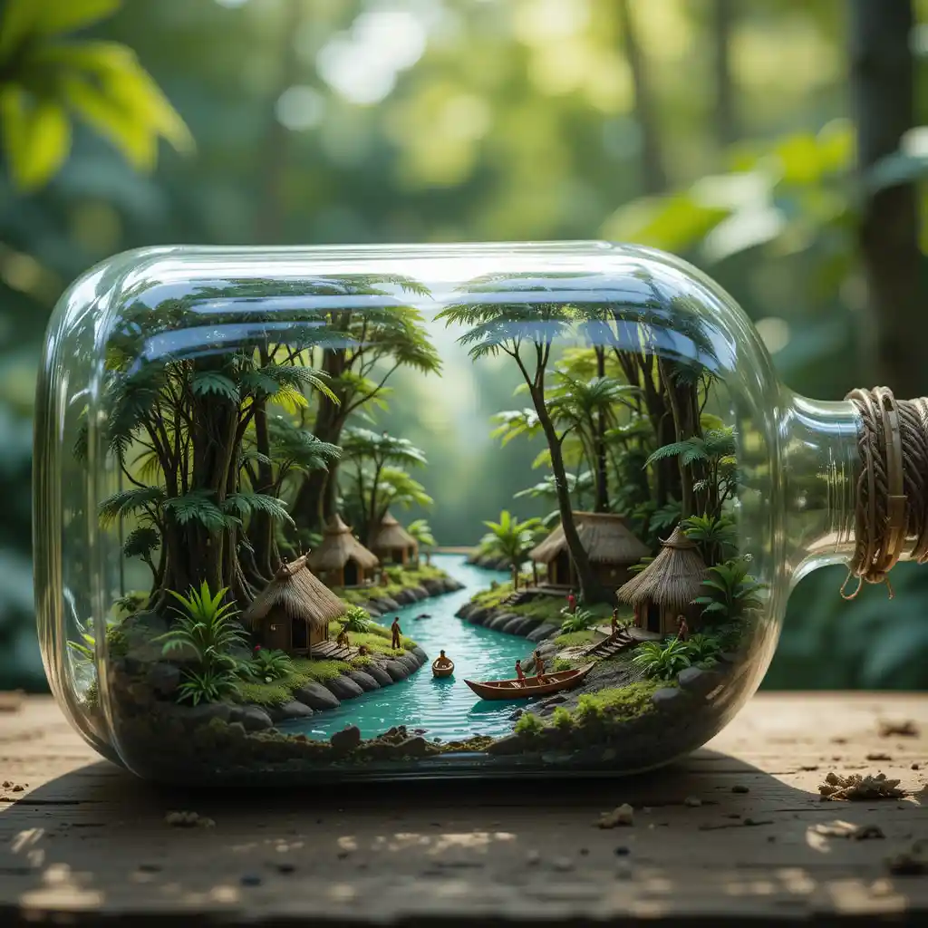 Villaggio amazzonico in miniatura in un diorama dentro una bottiglia di vetro
