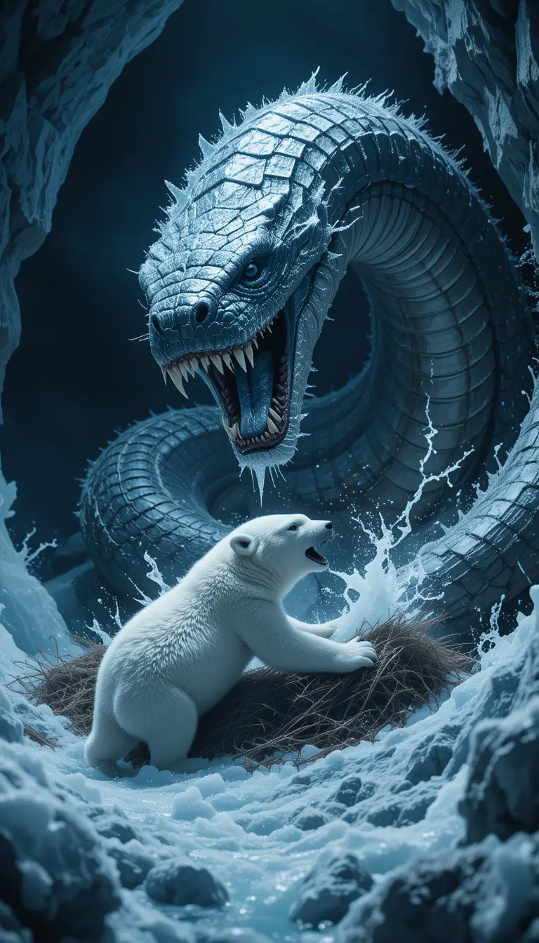 Massive arctic serpent guarding its nest in icy cavern