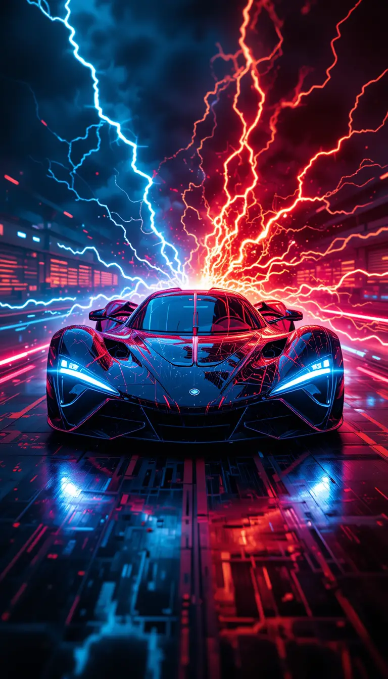 Futuristic sports car racing through neon sci fi energy