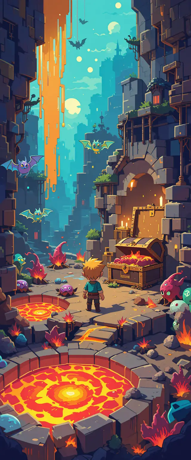 Pixel Art Adventurer Exploring A Vibrant Lava Dungeon