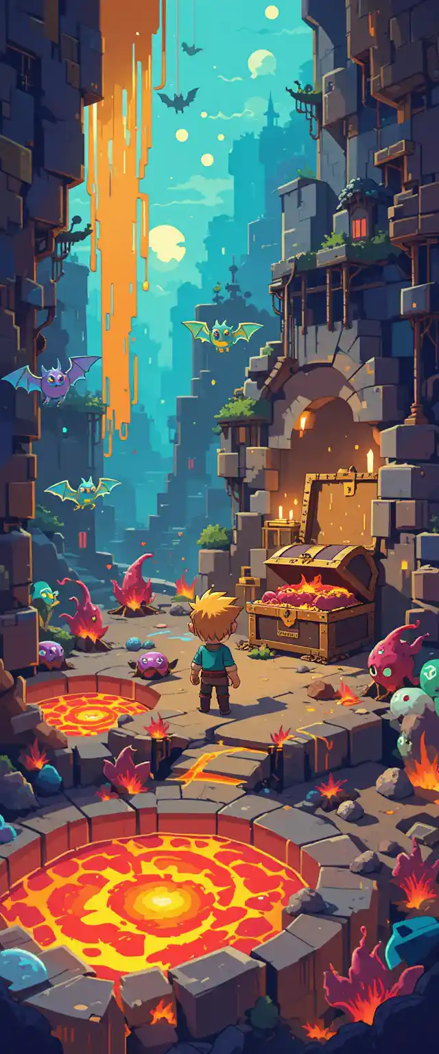 Pixel Art Adventurer Exploring A Vibrant Lava Dungeon