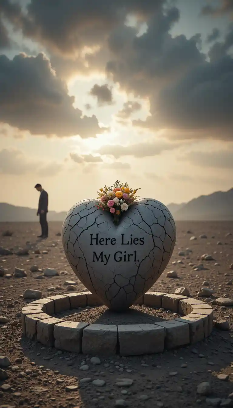 Stone heart grave with flowers in a desolate landscape