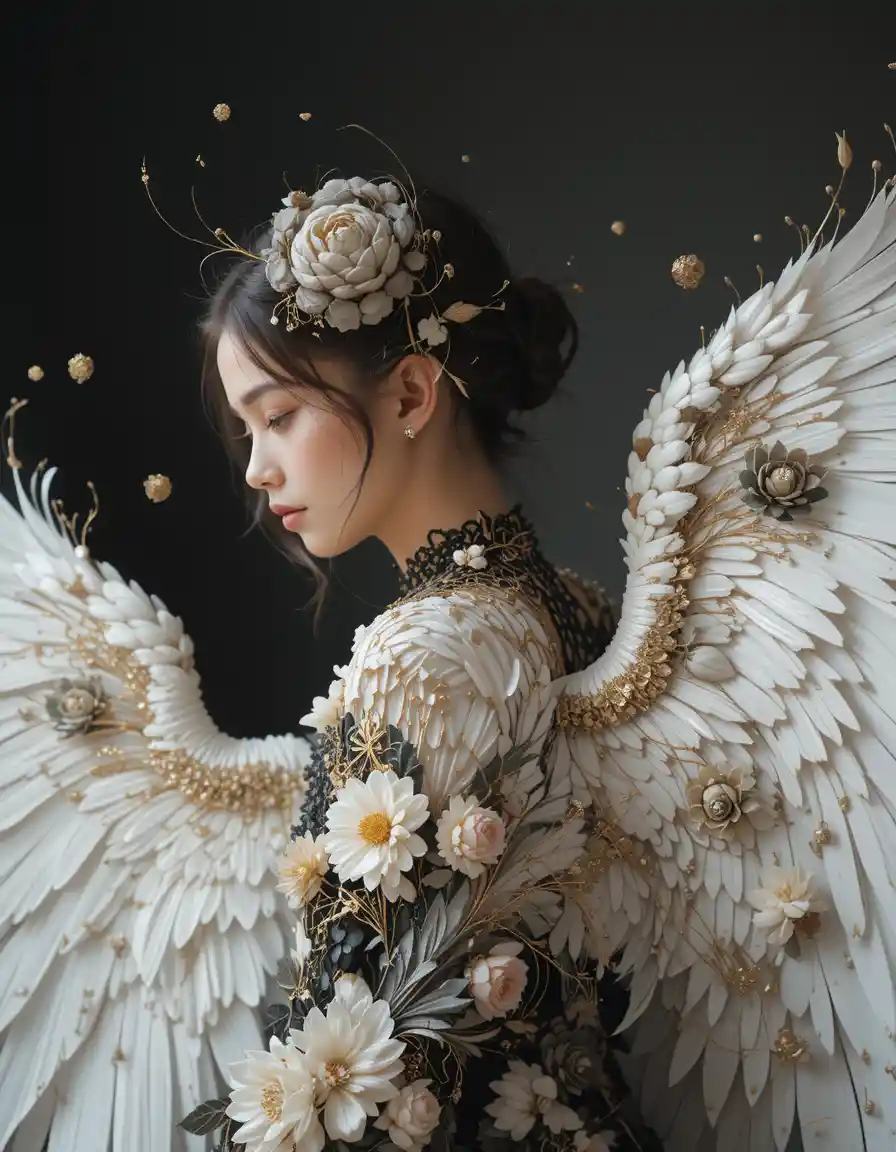 Side profile portrait of a woman with angel wings