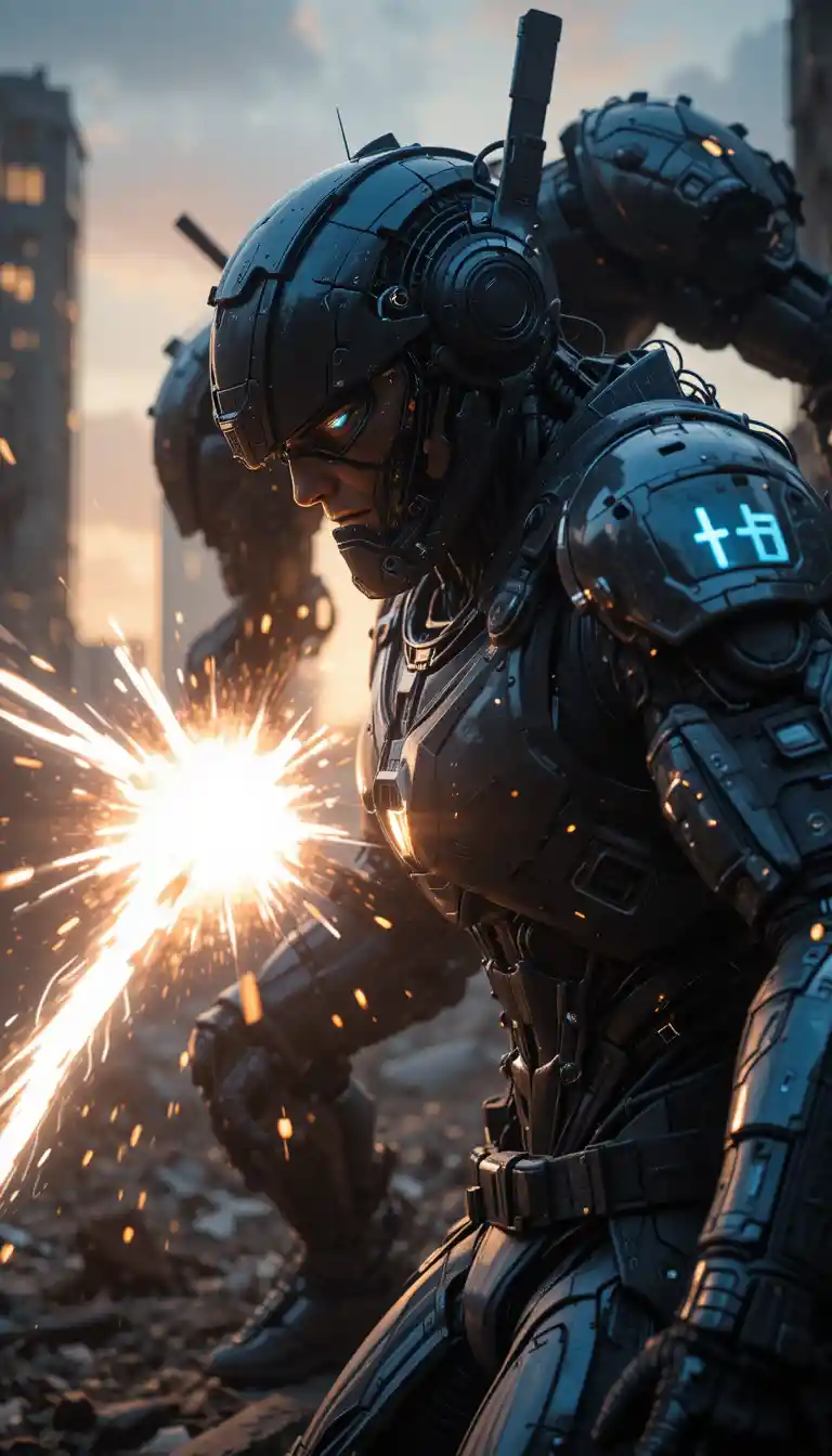 Futuristic warrior landing a critical strike at sunset