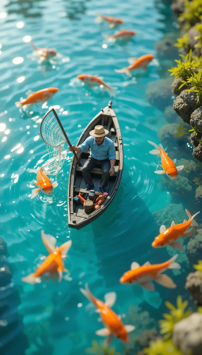 Tiny fisherman in a wooden boat on clear koi pond