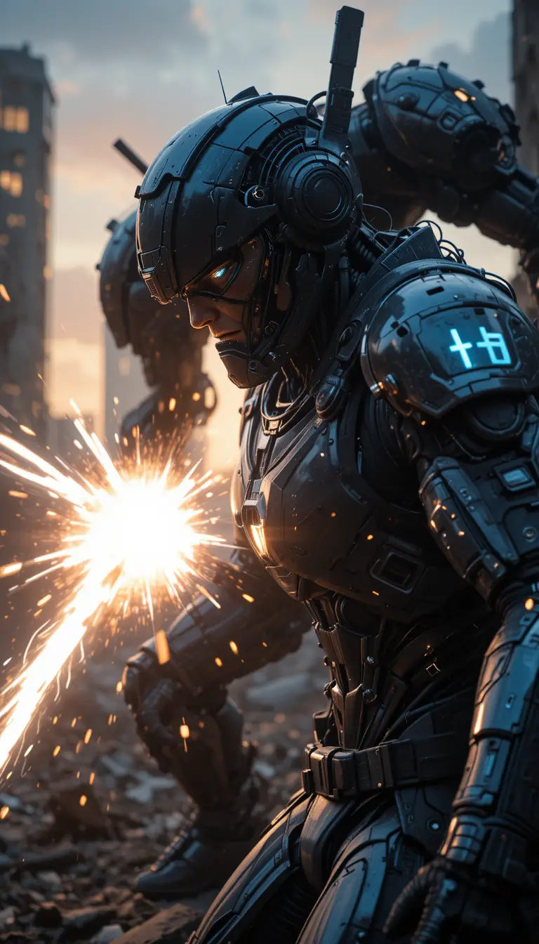 Futuristic warrior landing a critical strike at sunset
