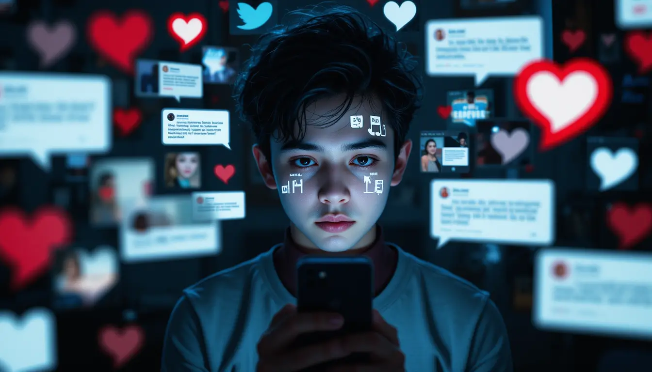 Teenager Lit By Phone Notifications In Dim Chaotic Room