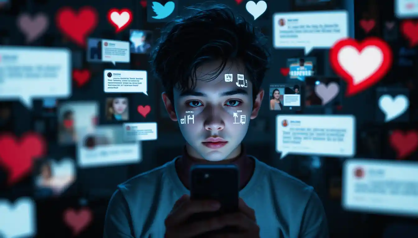 Adolescente iluminado por notificações do celular em quarto caótico e escuro