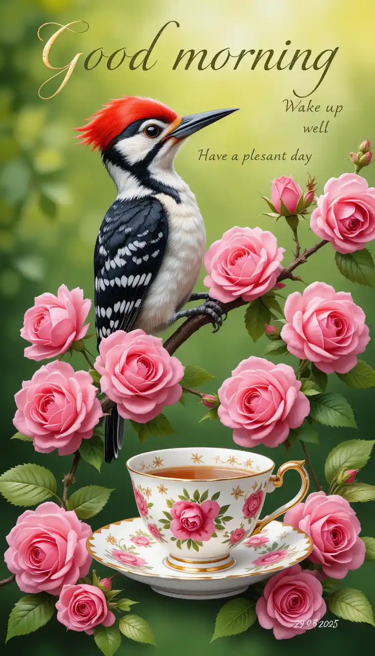 Woodpecker On Rose Branch With Morning Greeting Text