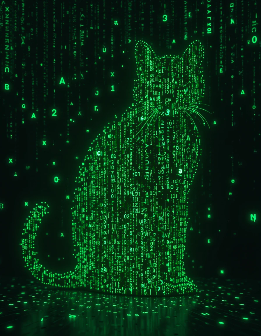 Banner de silueta de gato en código neón sobre fondo negro