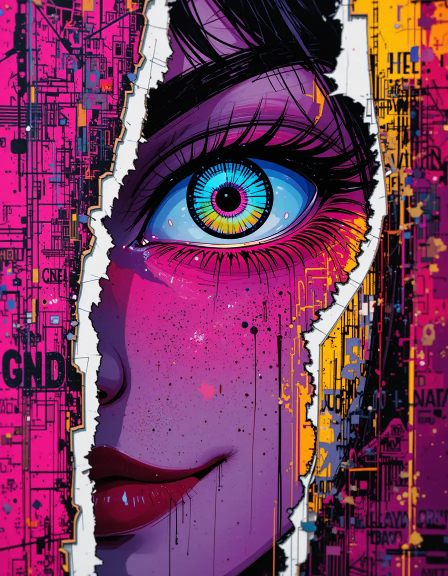 Anime close up of glitching neon eye and smirking mouth