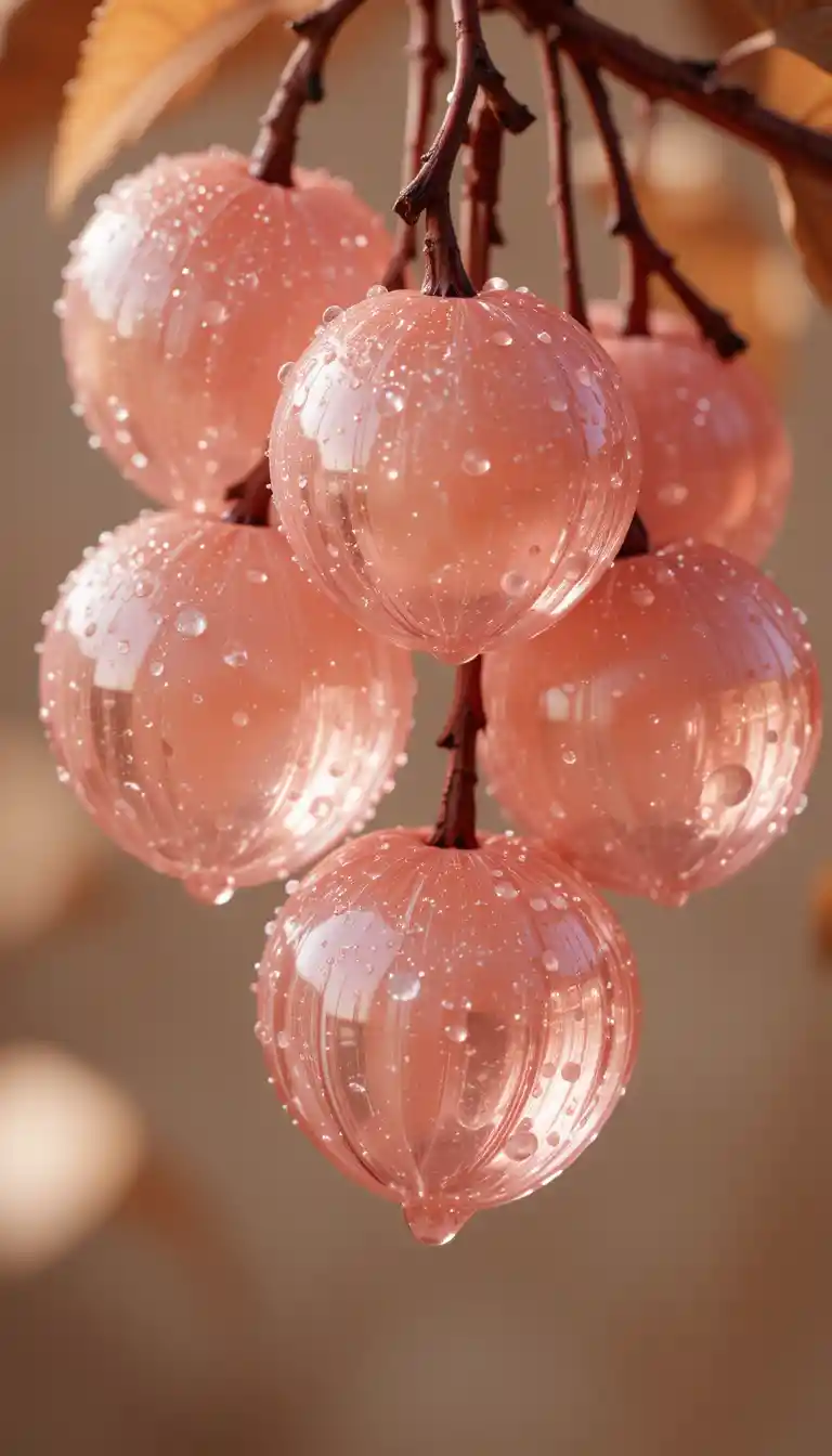 Macro glass peaches refracting soft warm sunlight