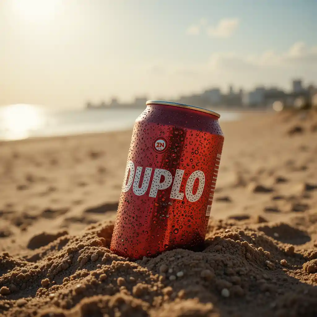 Cinematic soda can in beach sand at golden sunset
