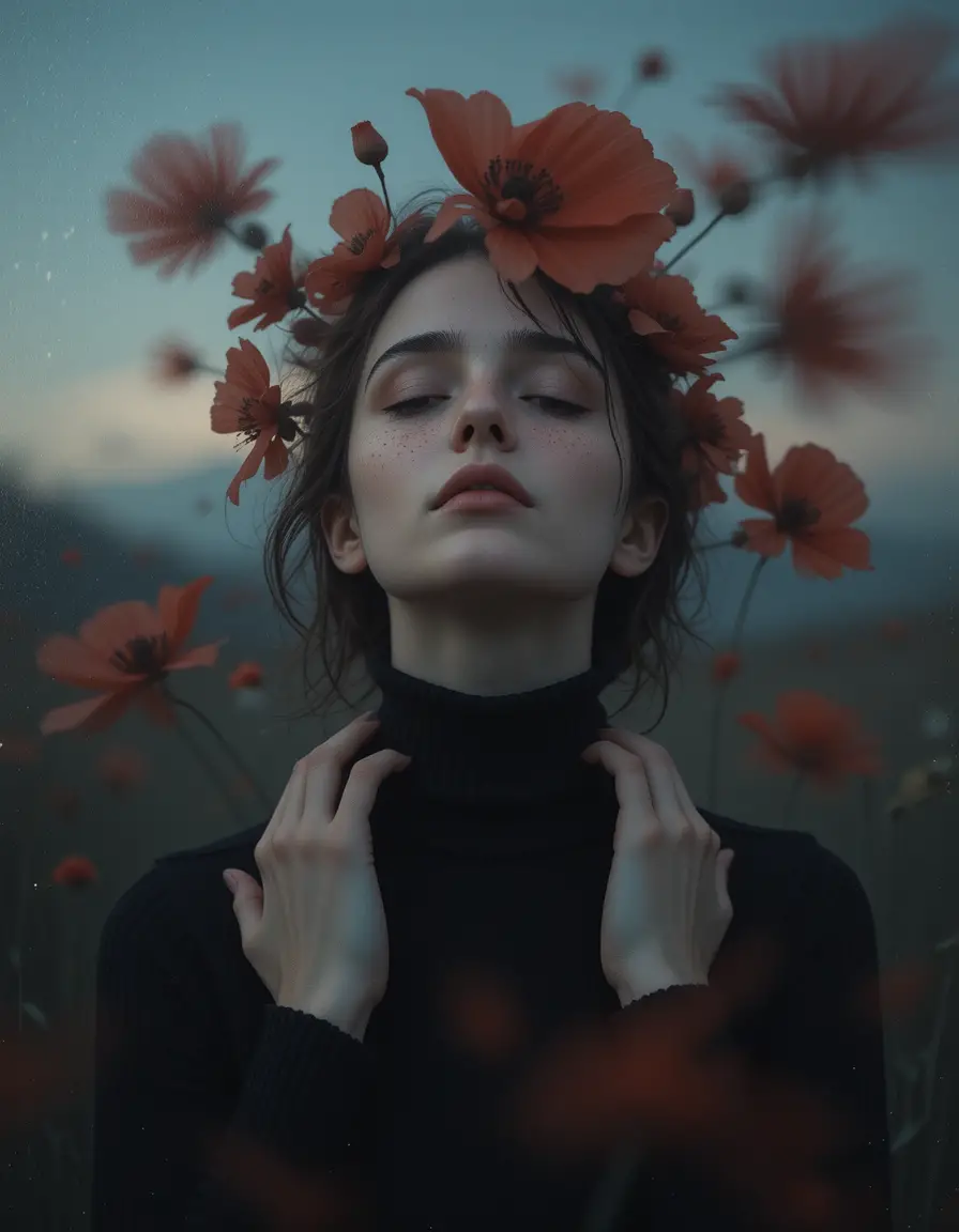 Mysterious woman in poppy crown at dawn close up
