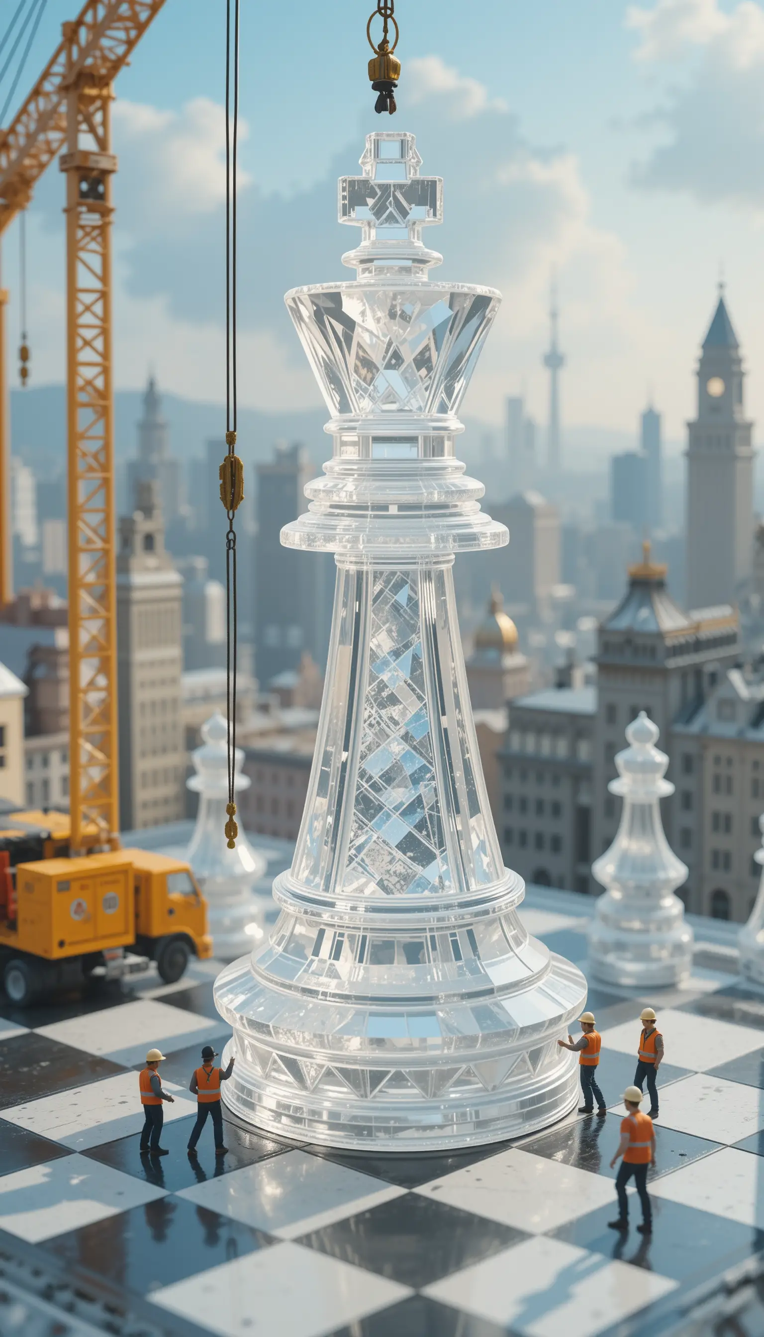 Miniature crane moving giant crystal king on chessboard