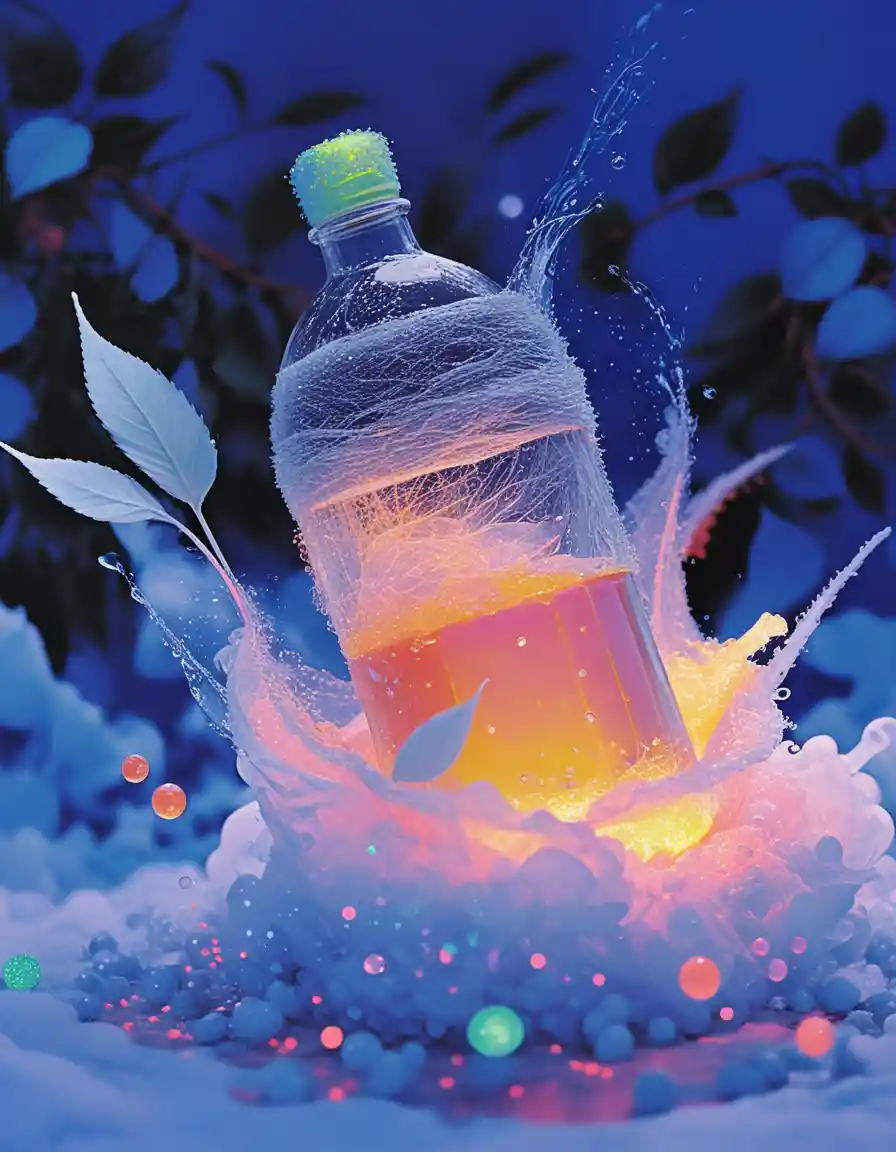 Green tea bottle flying with splashing liquid and leaves