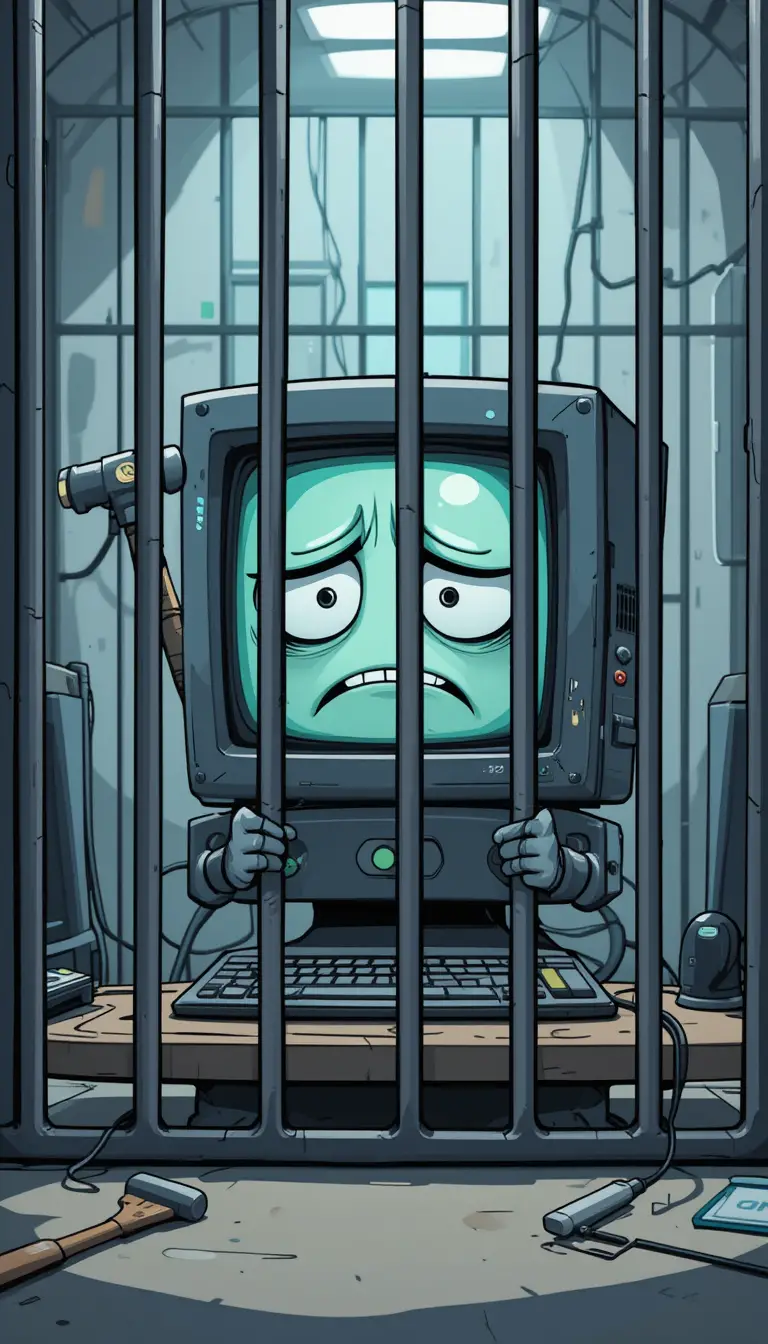 Sad cartoon computer being repaired behind metal bars