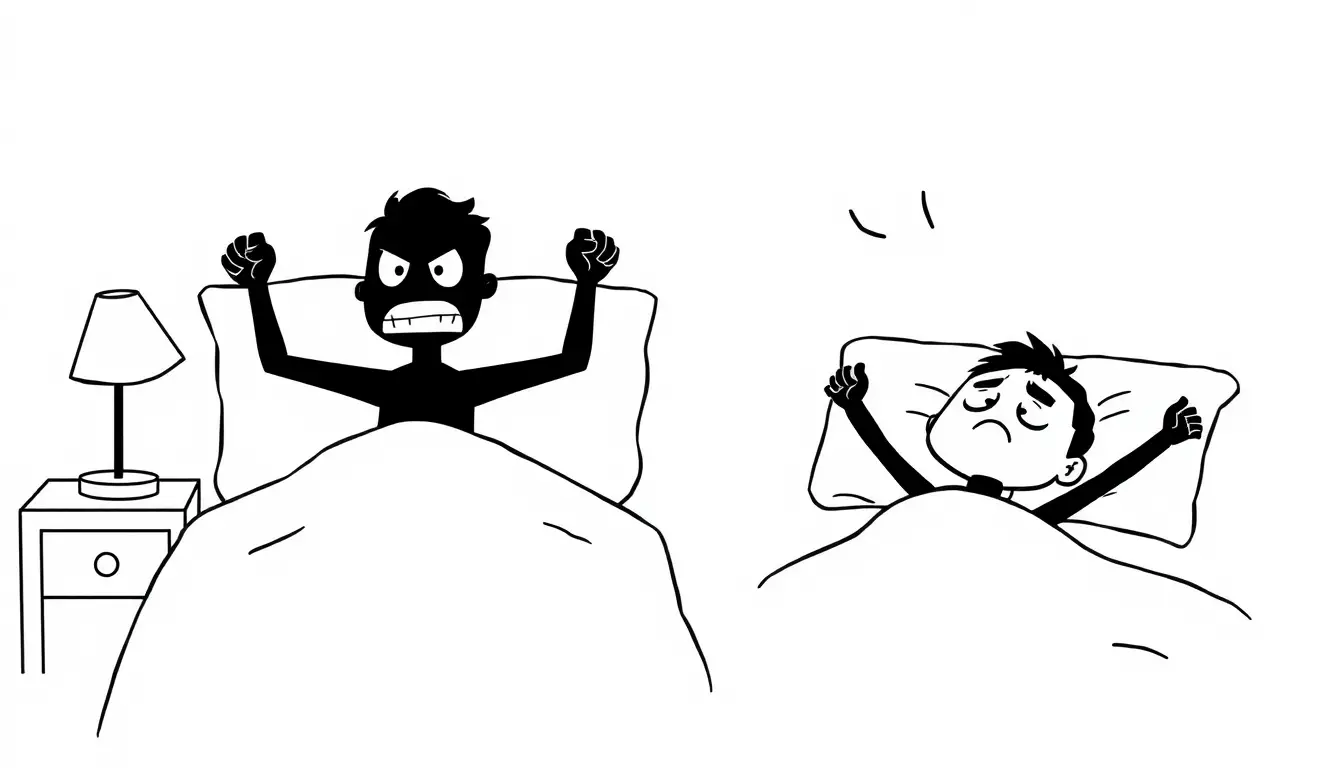 Stick figure sitting up in bed then collapsing back down