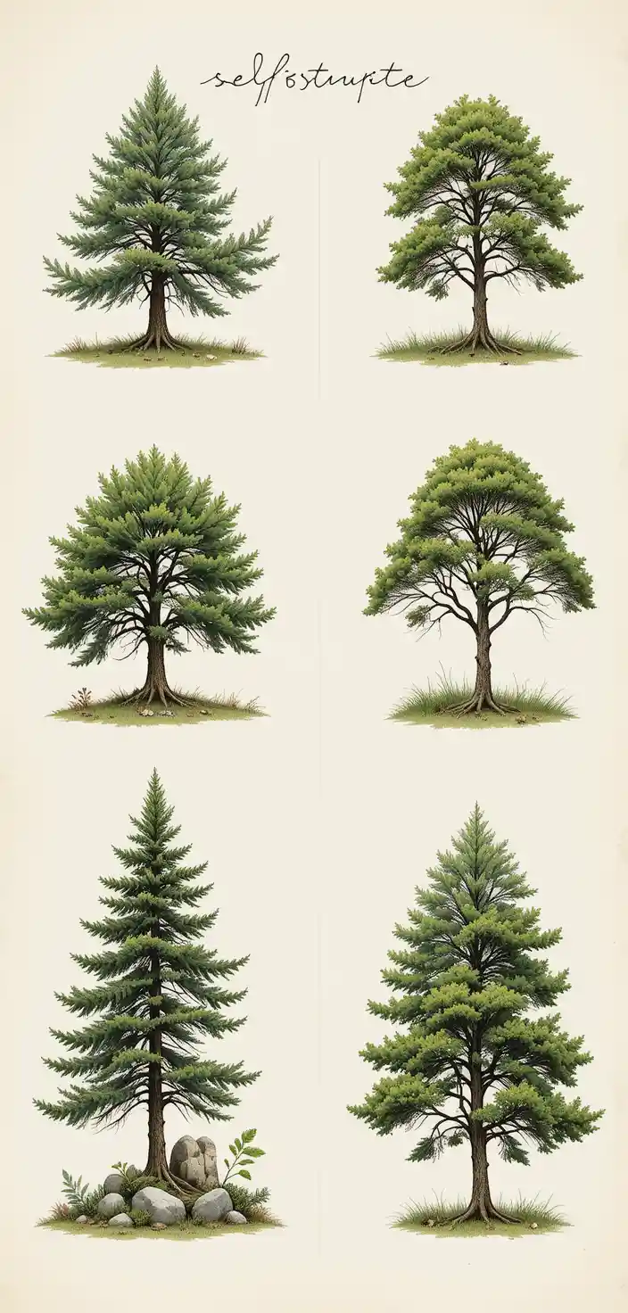 Collection illustrée d’arbres variés sur fond neutre