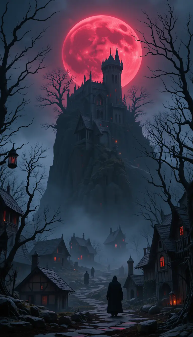 Gothic Castle Above A Cursed Twilight Village