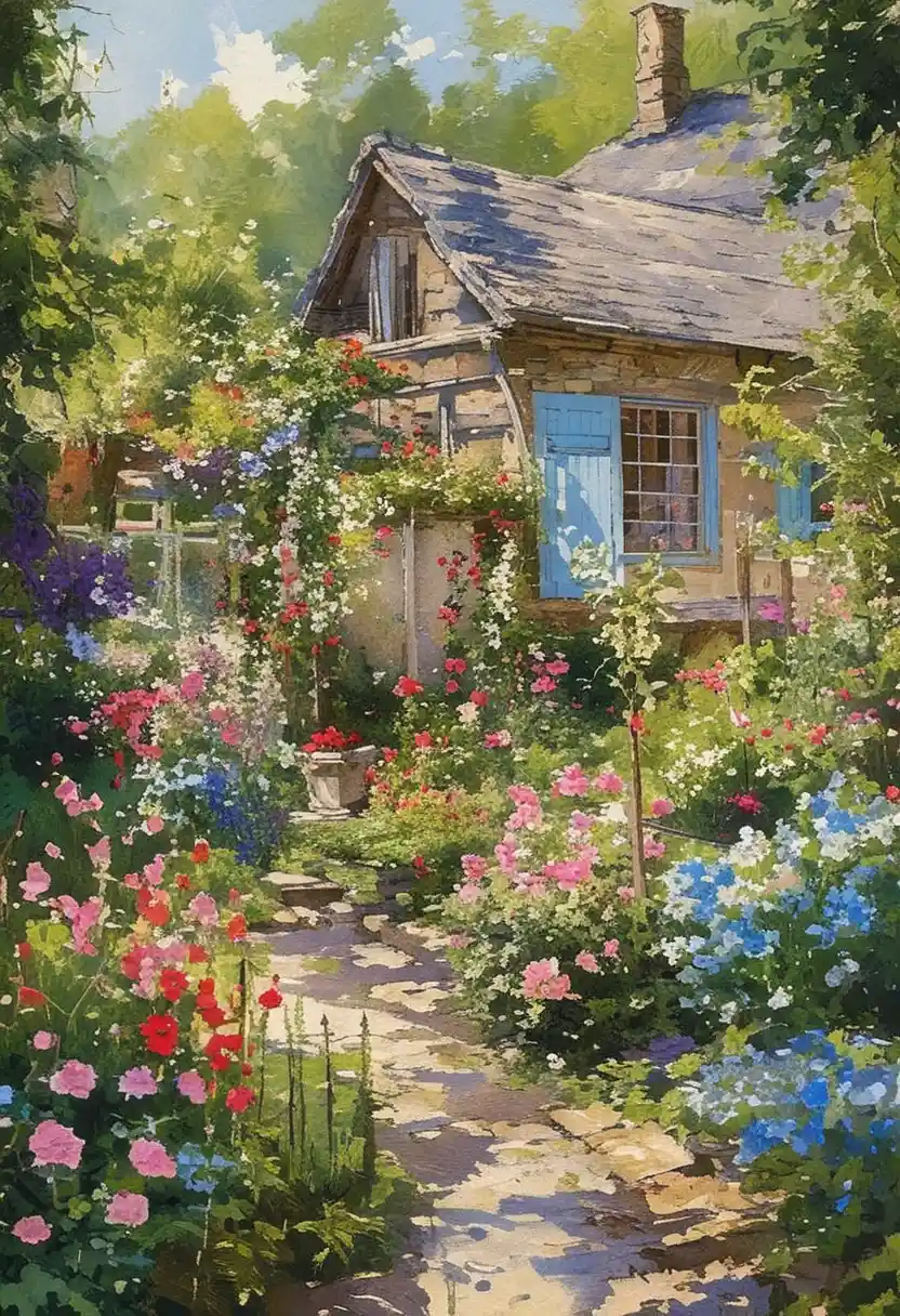 Sunlit garden path leading to a rustic wooden cottage