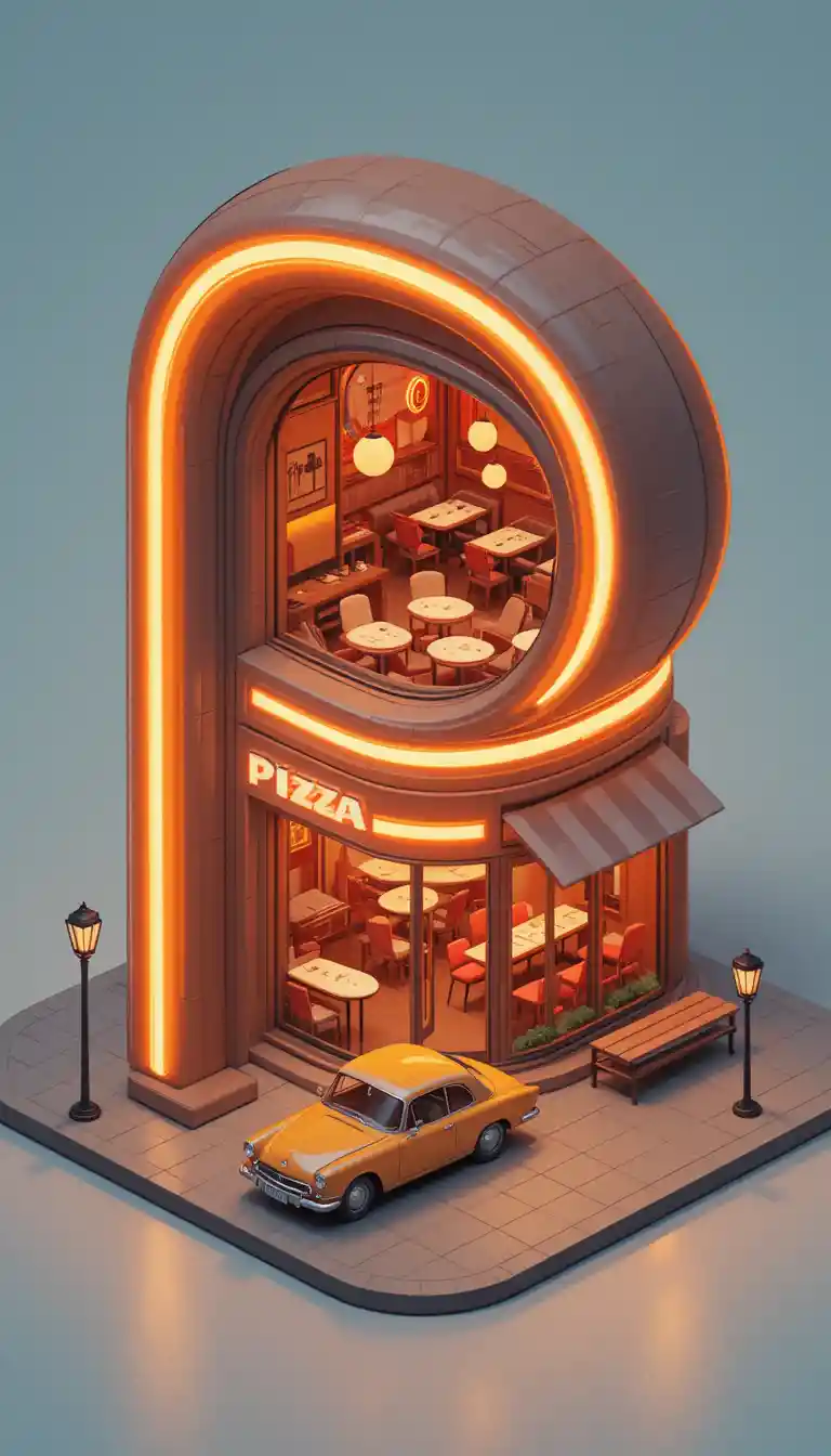 Pizzeria néon isométrique avec voiture jaune vintage